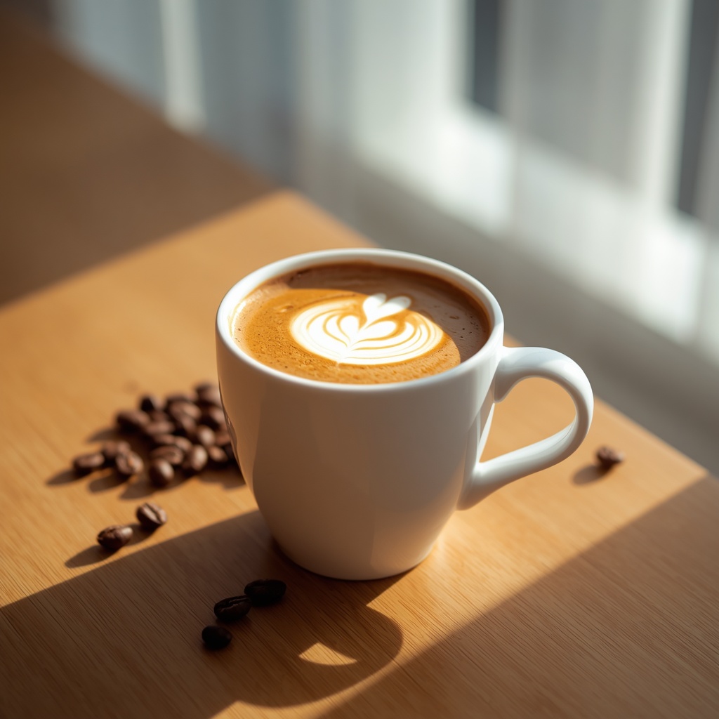 A ceramic coffee cup filled with freshly brewed latte placed on a wooden table with coffee beans scattered around and soft morning light streaming through a nearby window